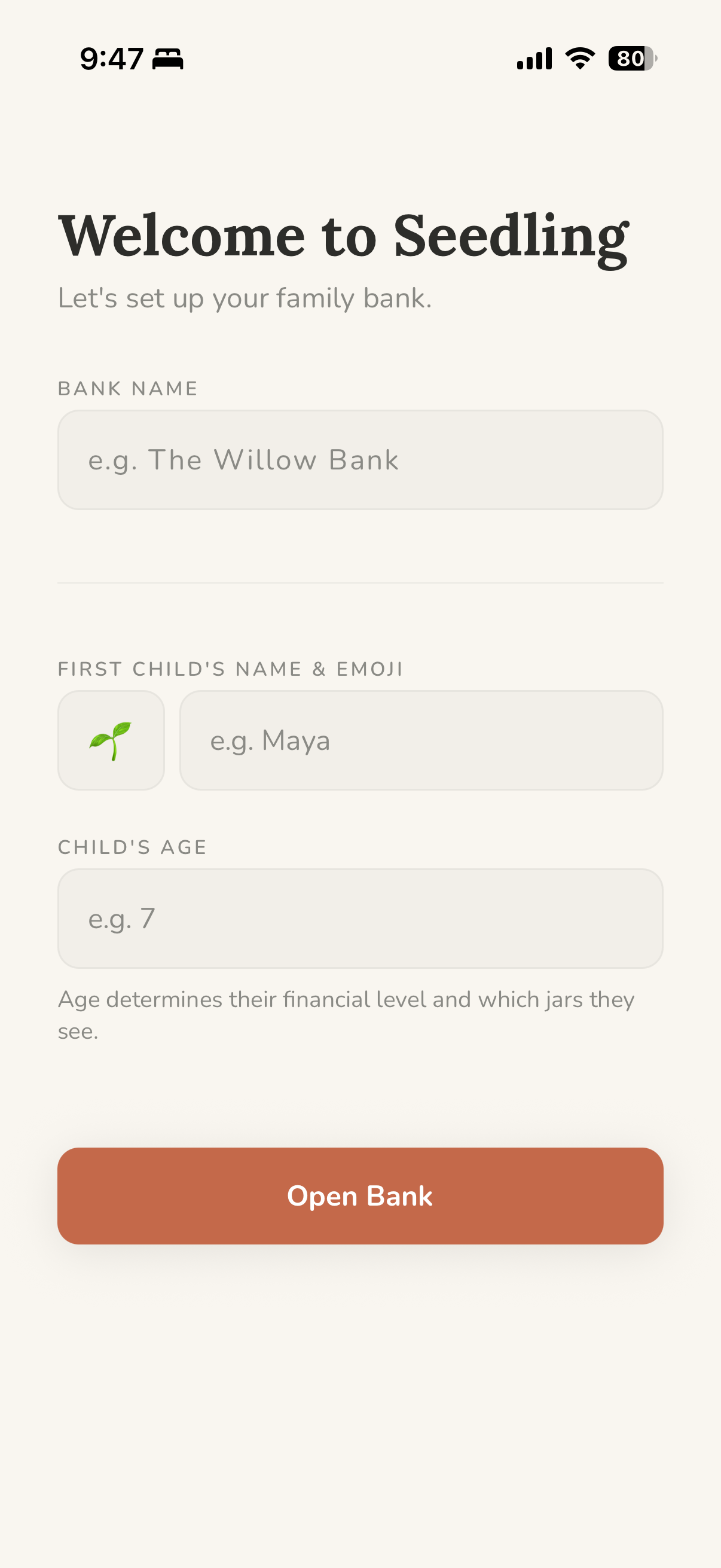 Create your home bank setup screen